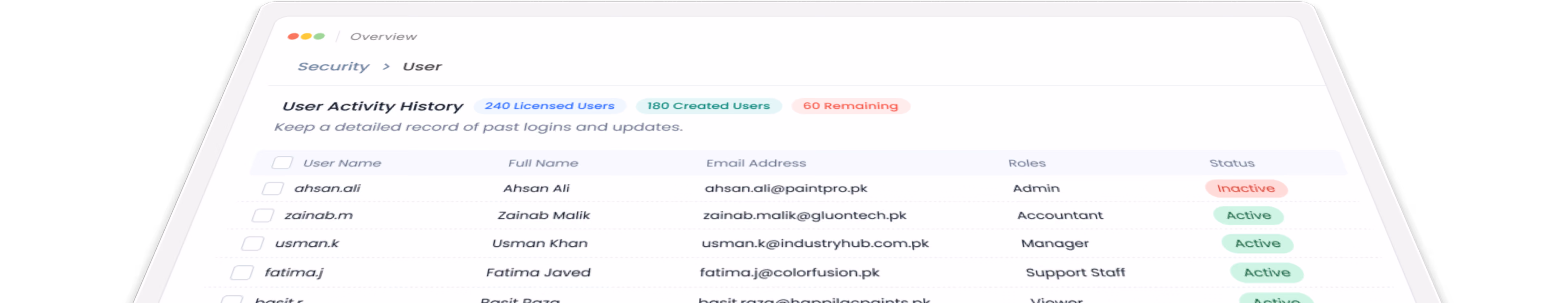 Hero banner image for Gluon ERP Security showing a perspective view of the User Activity History dashboard with user roles, status badges, and licensing statistics.