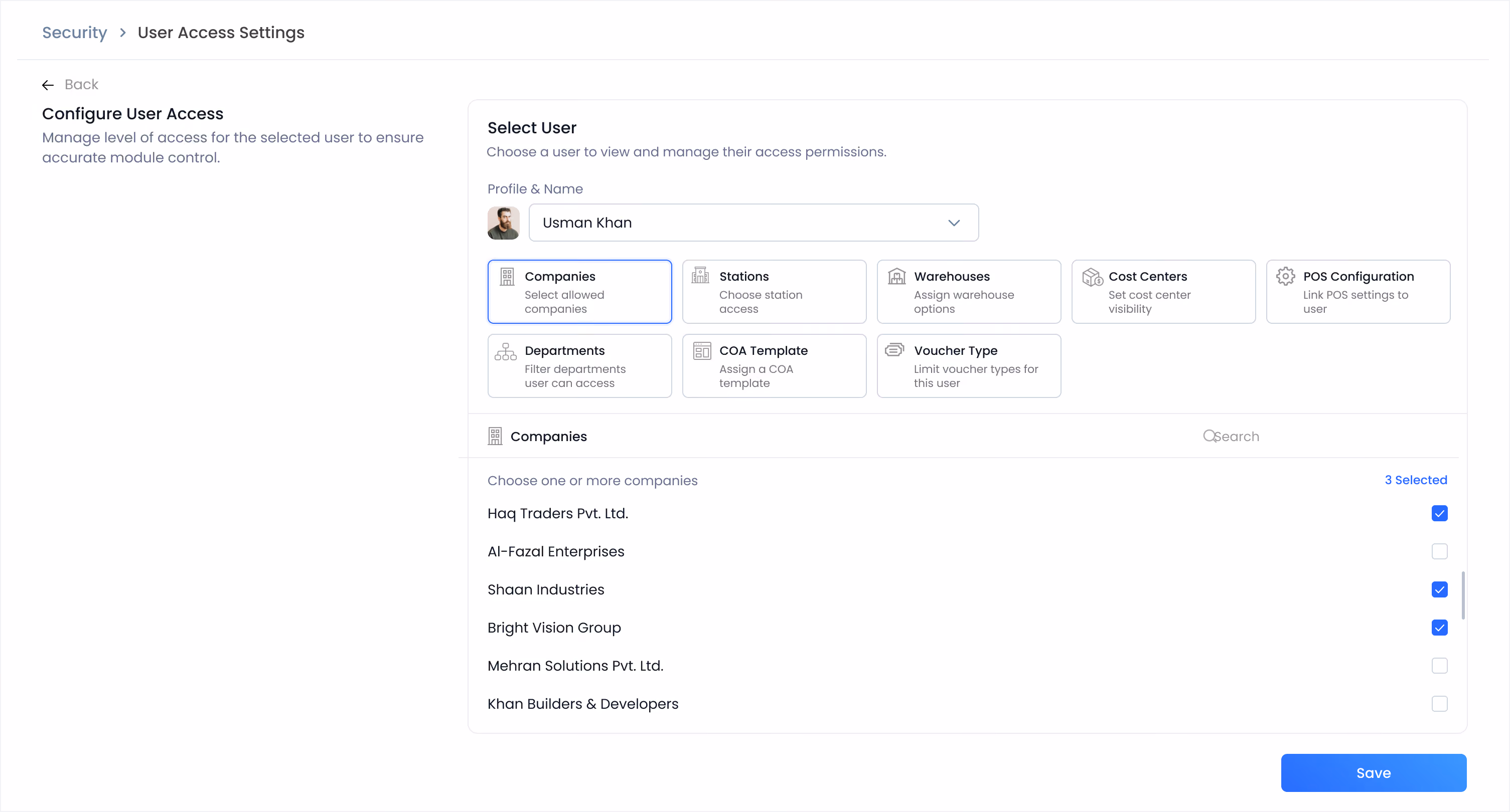 User Access Settings page with the Companies category selected, displaying a checklist of companies including Haq Traders, Shaan Industries, and Bright Vision Group selected for user Usman Khan.