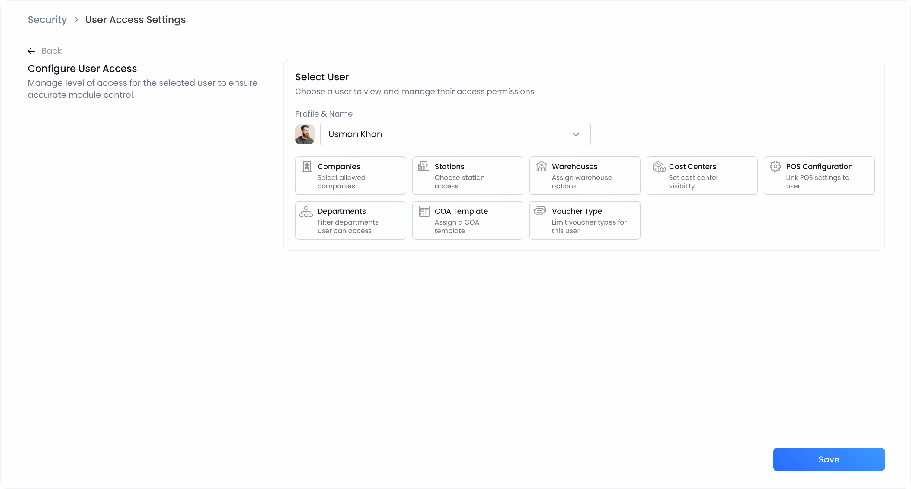 User Access Settings page in Gluon ERP showing a user selection dropdown for "Usman Khan" and module access configuration cards including Companies, Stations, Warehouses, Cost Centers, POS Configuration, Departments, COA Template, and Voucher Type.