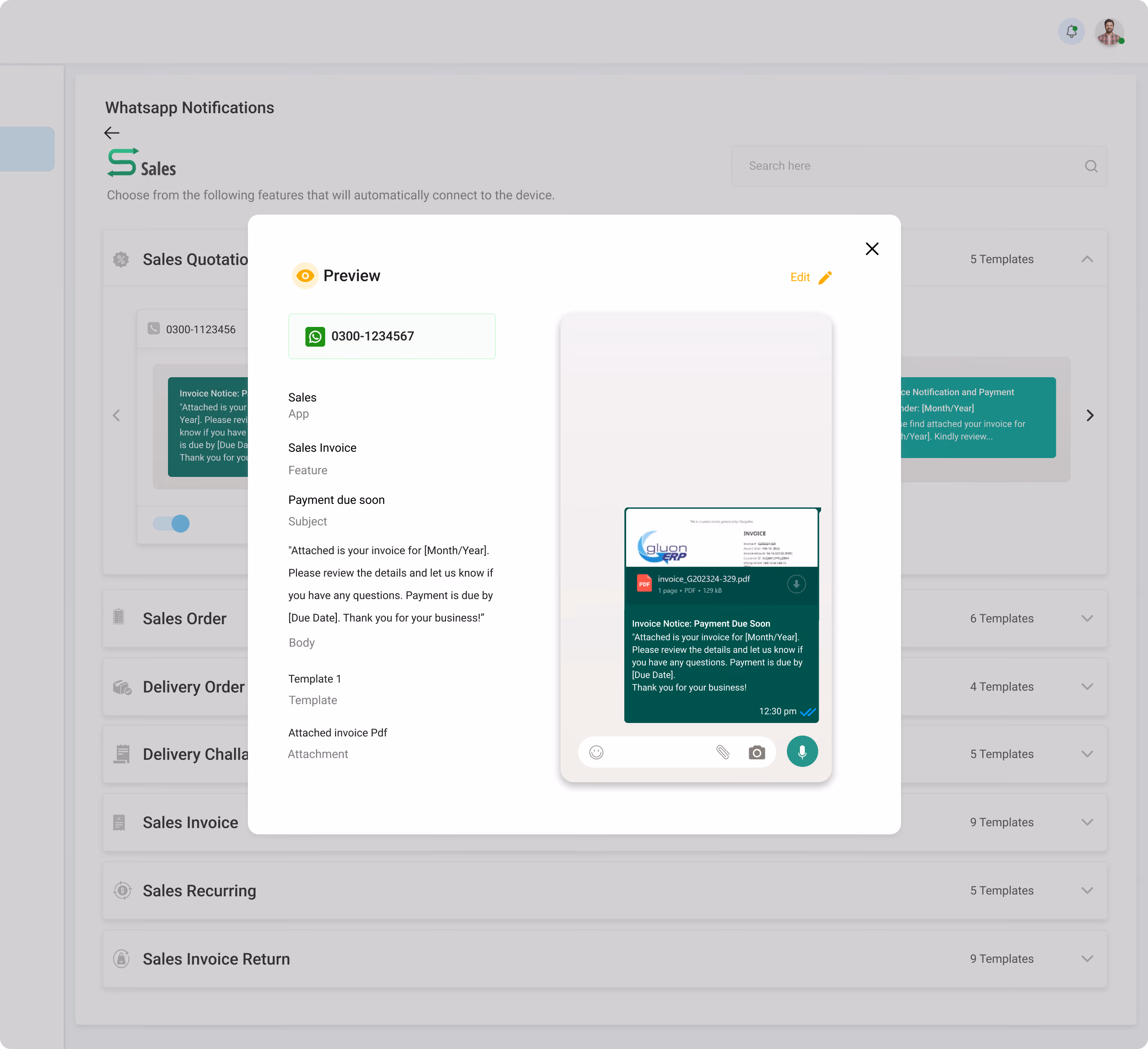 Preview modal overlaying the WhatsApp Notifications page, displaying a full mobile chat screen mock-up with a sent PDF invoice and payment reminder text message.