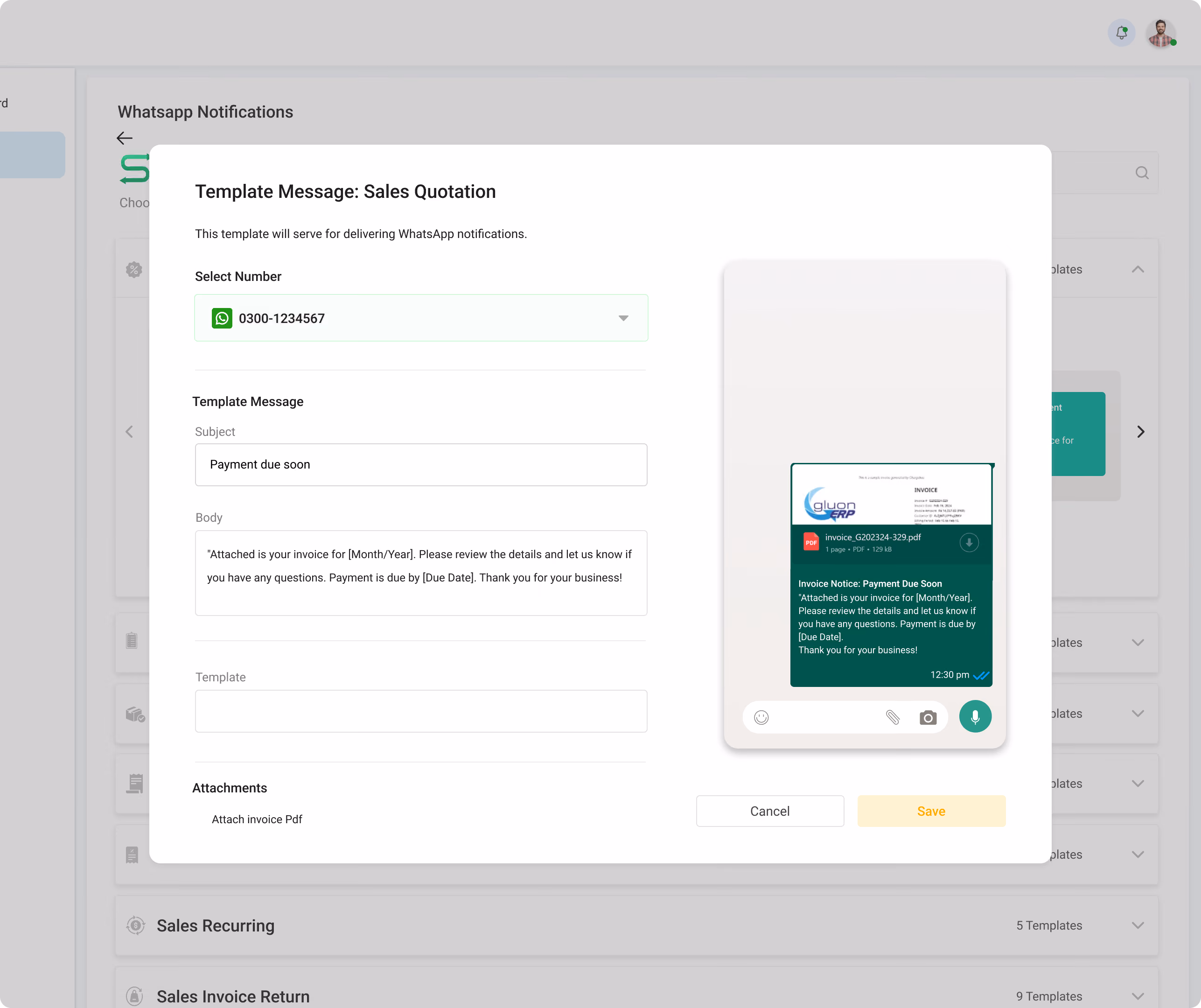 Modal pop-up window for configuring a Sales Quotation WhatsApp notification template in Gluon ERP, showing message fields and a live mobile preview of an invoice message.