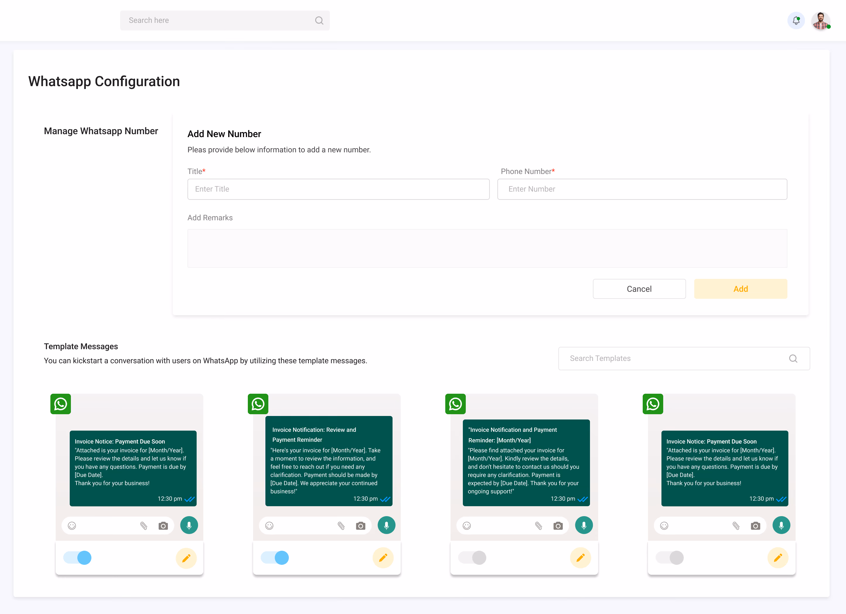 WhatsApp Configuration screen in Gluon ERP featuring a form to add a new WhatsApp number and a gallery of customizable message templates for invoice notifications and payment reminders.