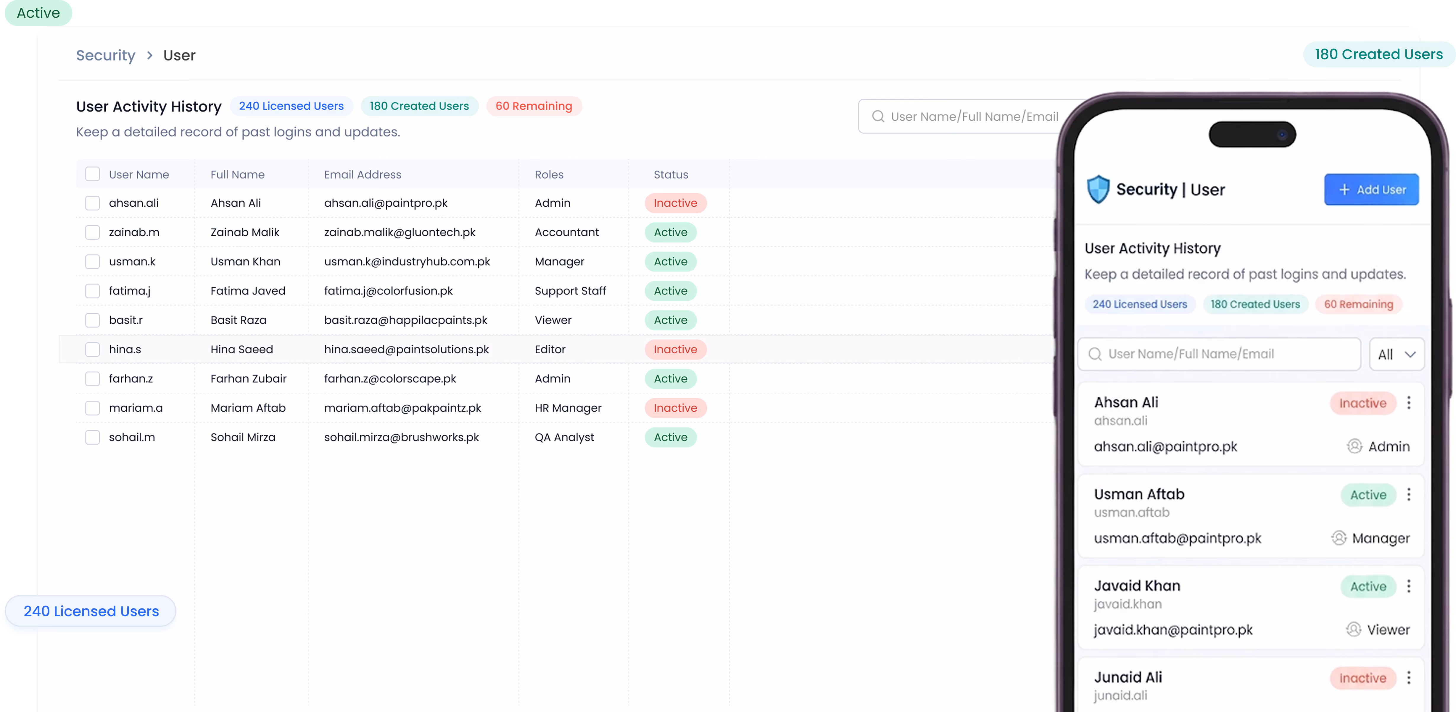 User Activity History dashboard showing a desktop data table of user accounts alongside a mobile interface view displaying user statuses like Active and Inactive.
