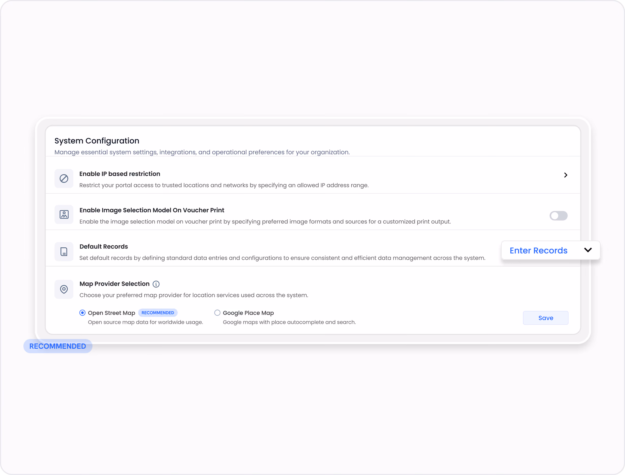System Configuration settings panel in Gluon ERP with options for IP-based restriction, image selection model on voucher print, default records, and map provider selection.
