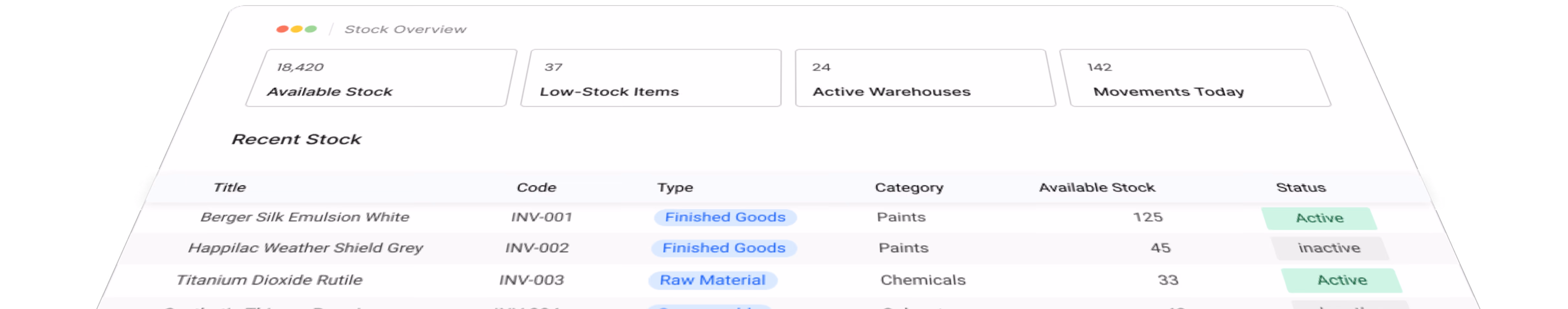 Gluon ERP inventory management software showing stock tracking, warehouse management, and real-time inventory operations.
