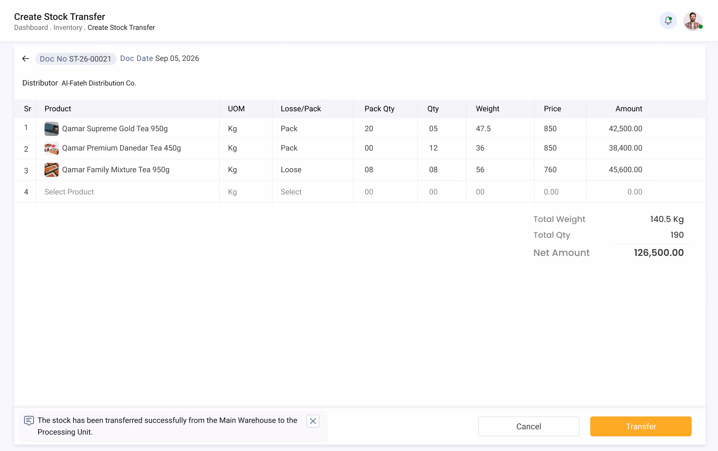 Gluon ERP interface for creating stock transfers showing product quantities, weights, pricing, and automated confirmation notification.