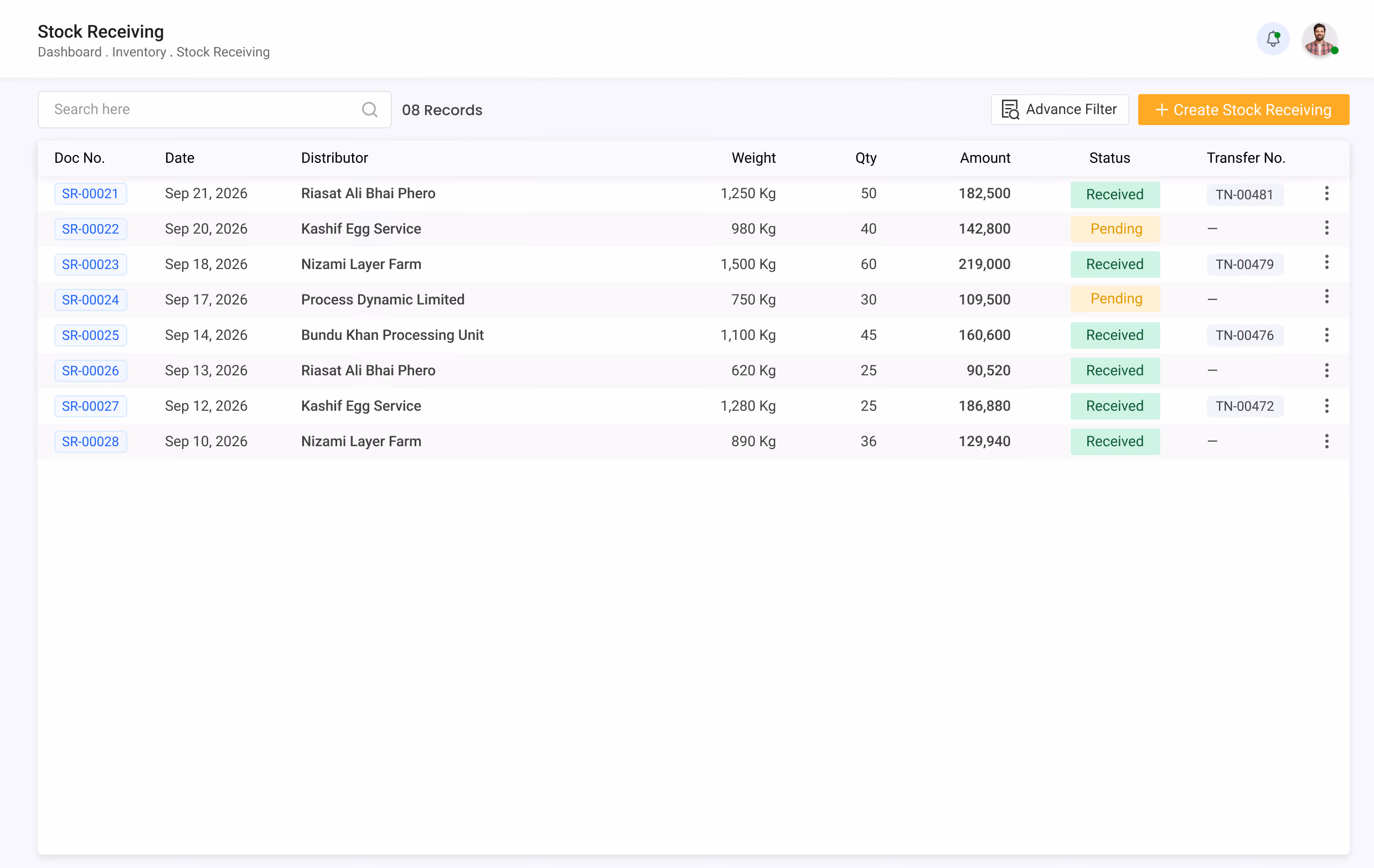 Gluon ERP stock receiving dashboard listing inventory transfer records.