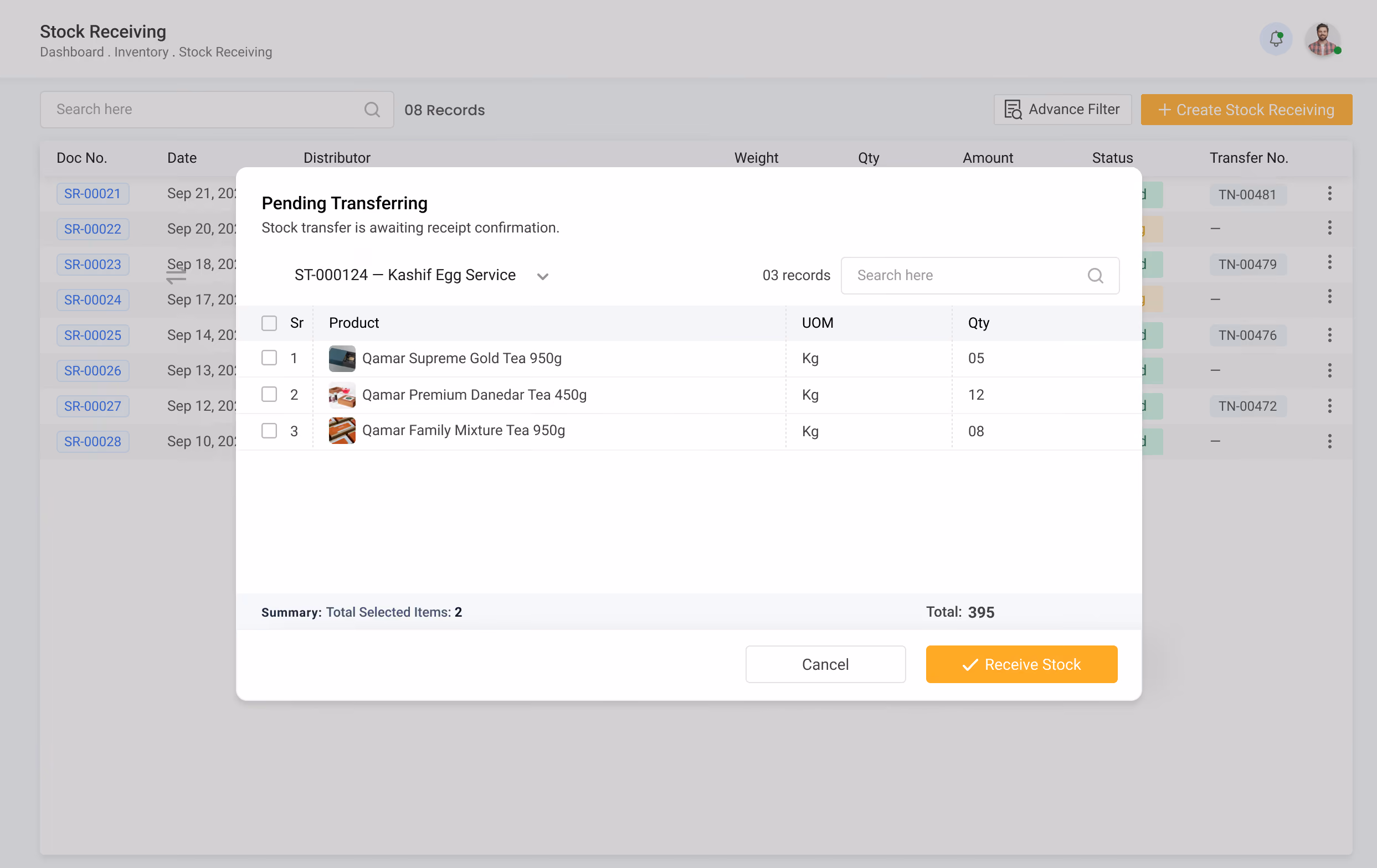 Gluon ERP pending stock transfer receipt confirmation modal showing product items.