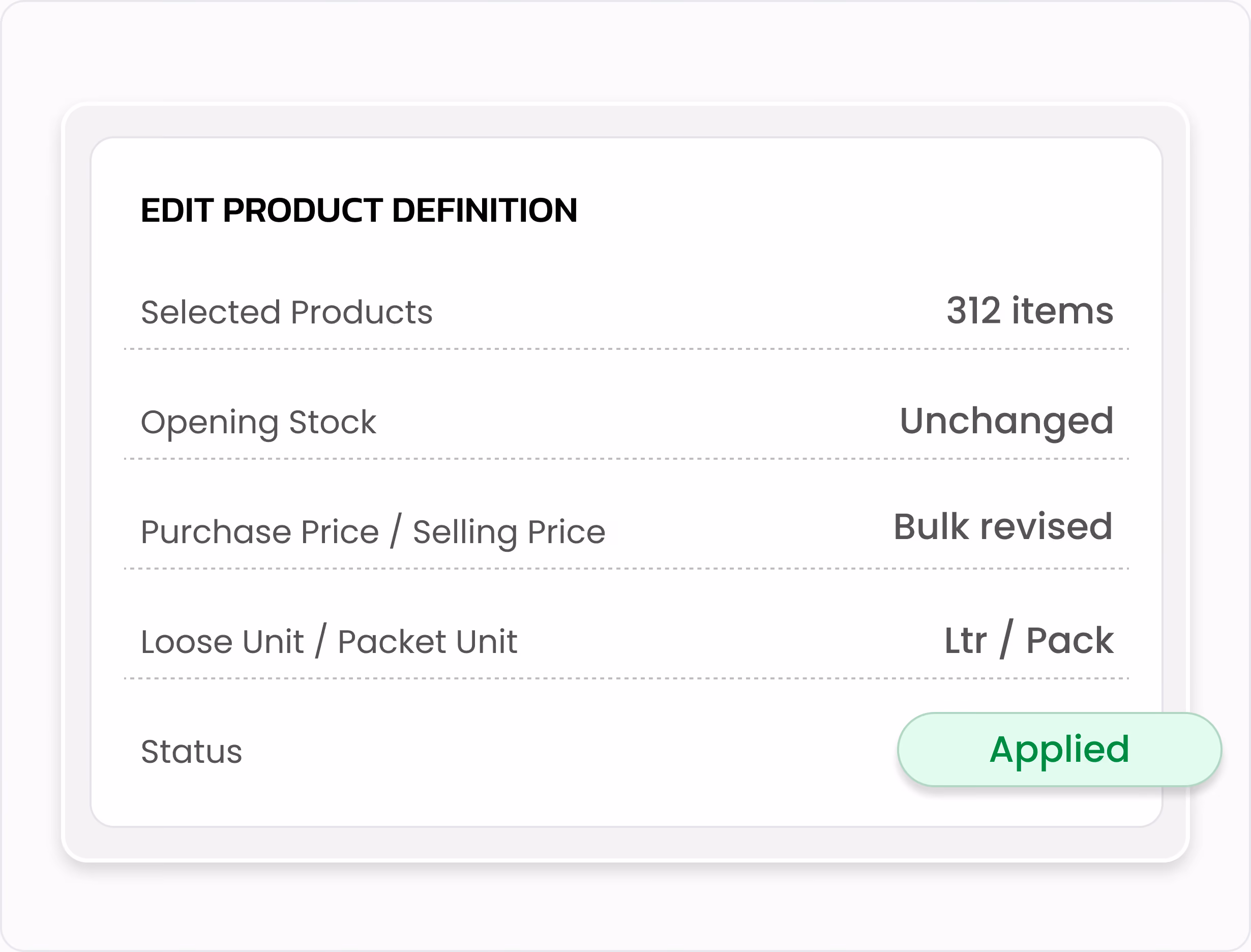 Gluon ERP Product Bulk Update modal displaying edit product definition settings for multiple items.
