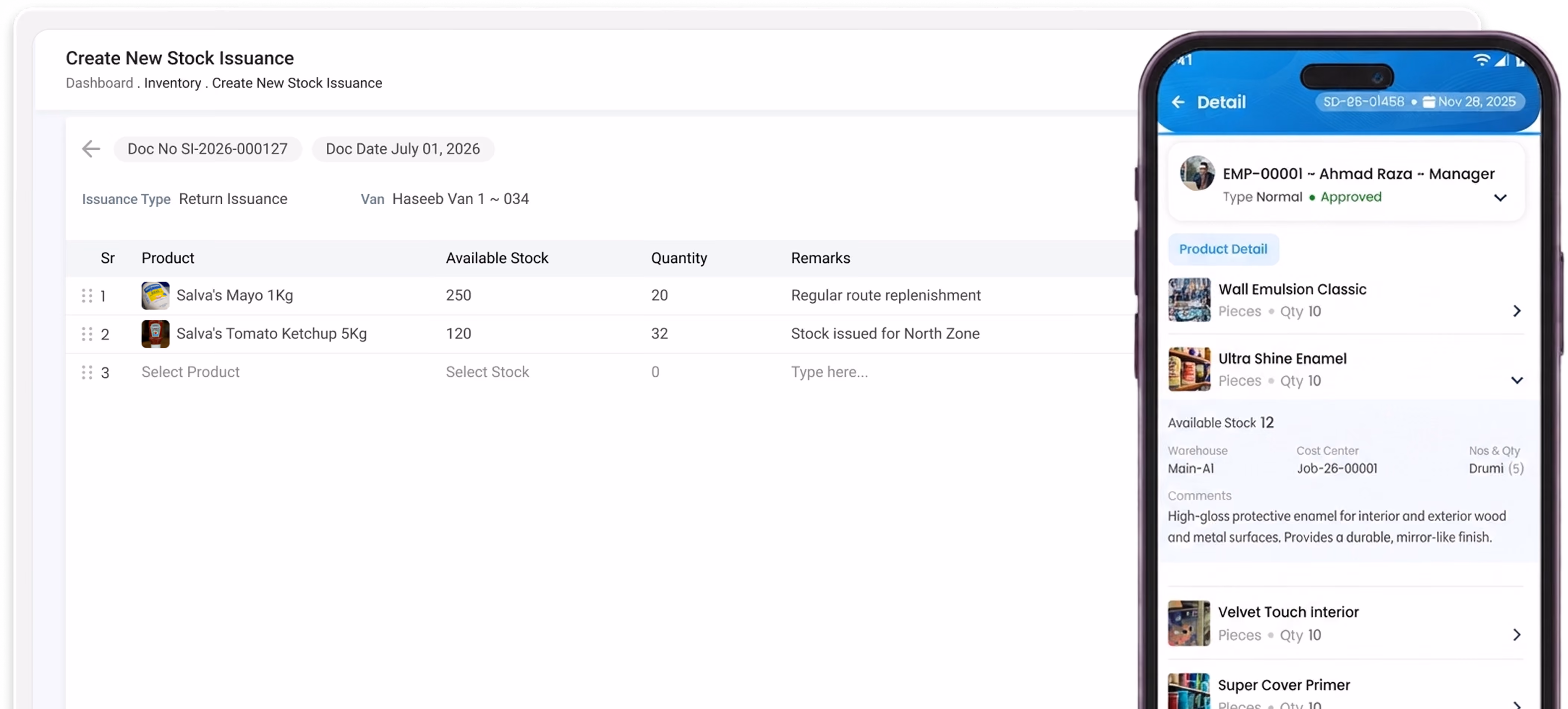 Gluon ERP Create New Stock Issuance screen showing web dashboard and mobile app for inventory distribution.