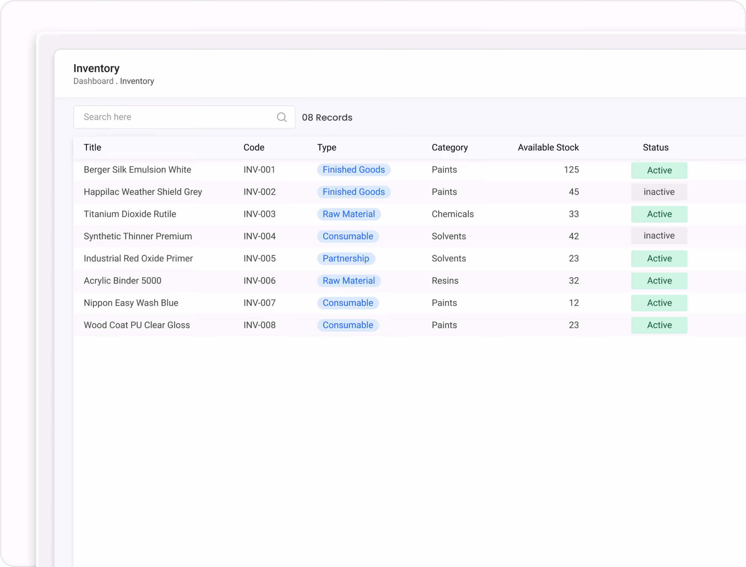 Gluon ERP Inventory dashboard showing product titles, item codes, categories, available stock quantities, and active statuses.