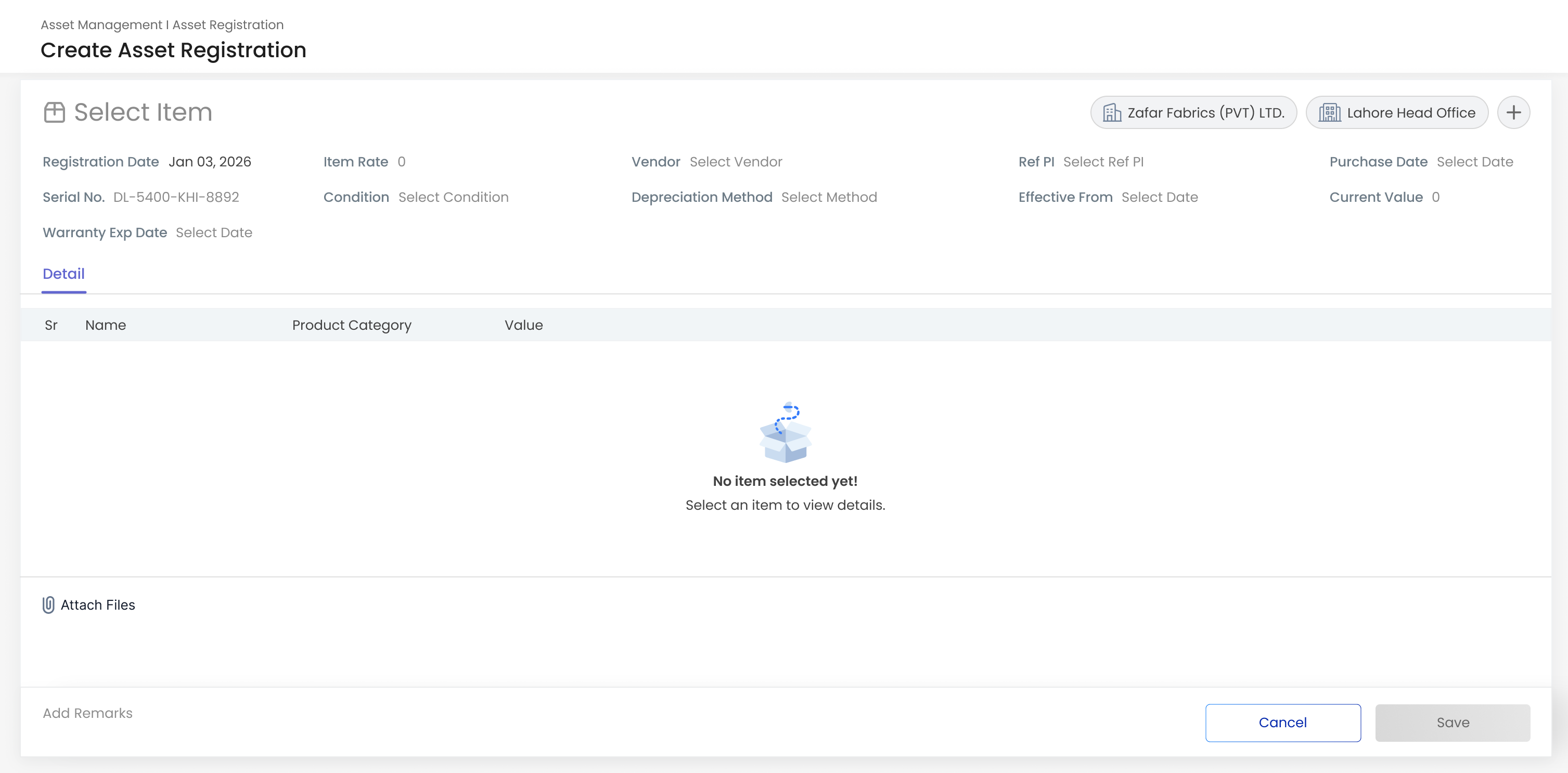 Gluon ERP Create Asset Registration interface screen featuring item selection, registration date, serial number, vendor dropdowns, depreciation methods, and attached document fields.