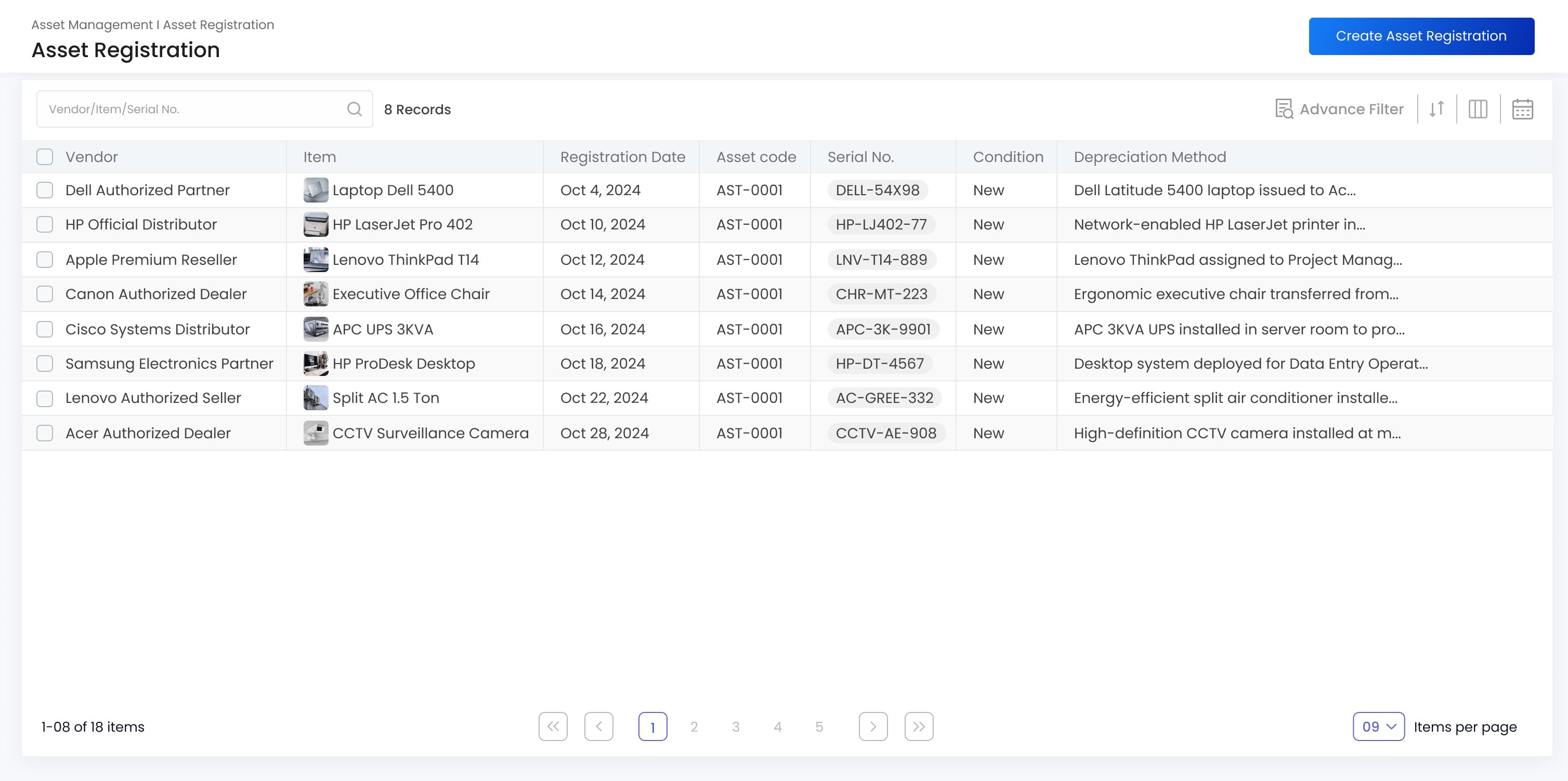 Gluon ERP Asset Registration interface showing a detailed table of registered assets, authorized vendors, serial numbers, registration dates, asset condition, and depreciation methods.