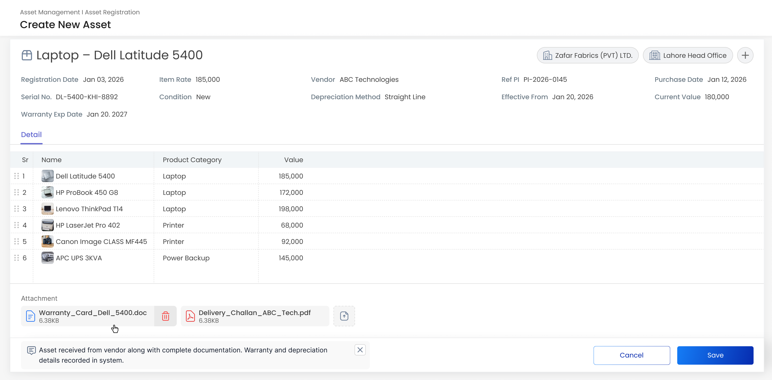 Gluon ERP Create New Asset entry form filled out for a Dell Latitude laptop, detailing serial numbers, straight-line depreciation method, product categories, item values, and attached warranty documents.