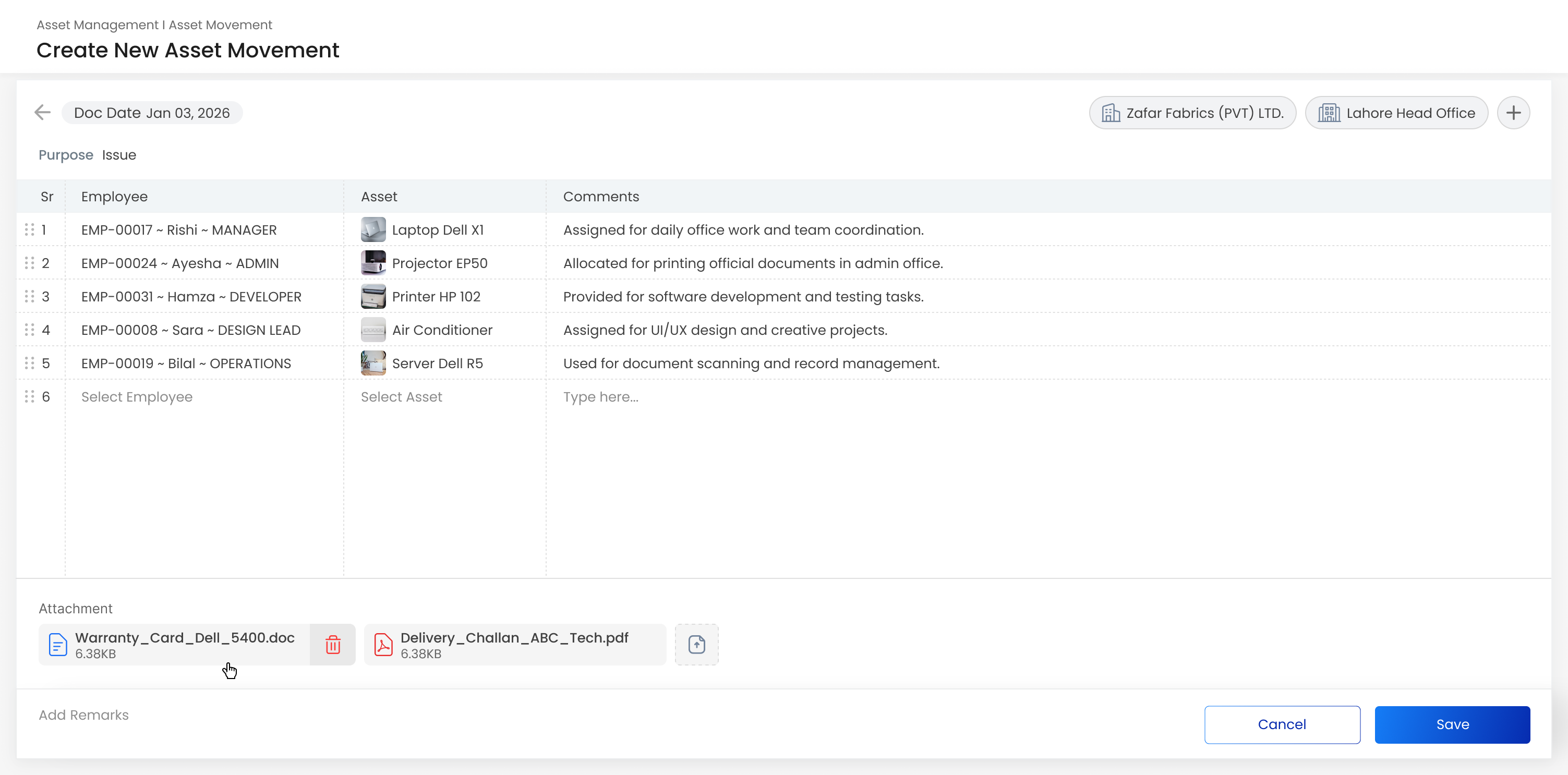 Gluon ERP Create New Asset Movement form showing employee allocations, assigned equipment like laptops and printers, purpose comments, and attached warranty documents.