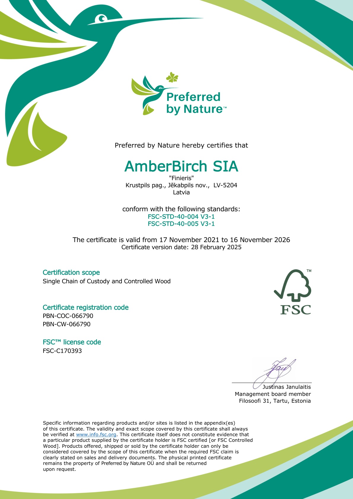 AmberBirch SIA FSC® Chain of Custody sertifikāts PBN-COC-066790
