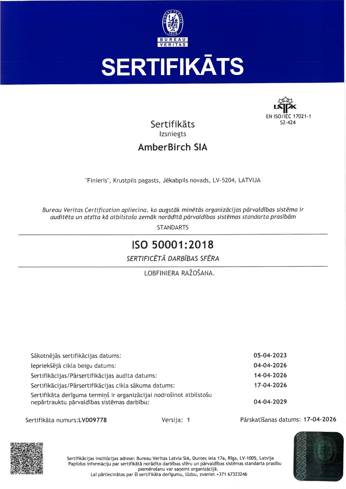 AmberBirch SIA ISO 50001:2018 sertifikāts LV009778