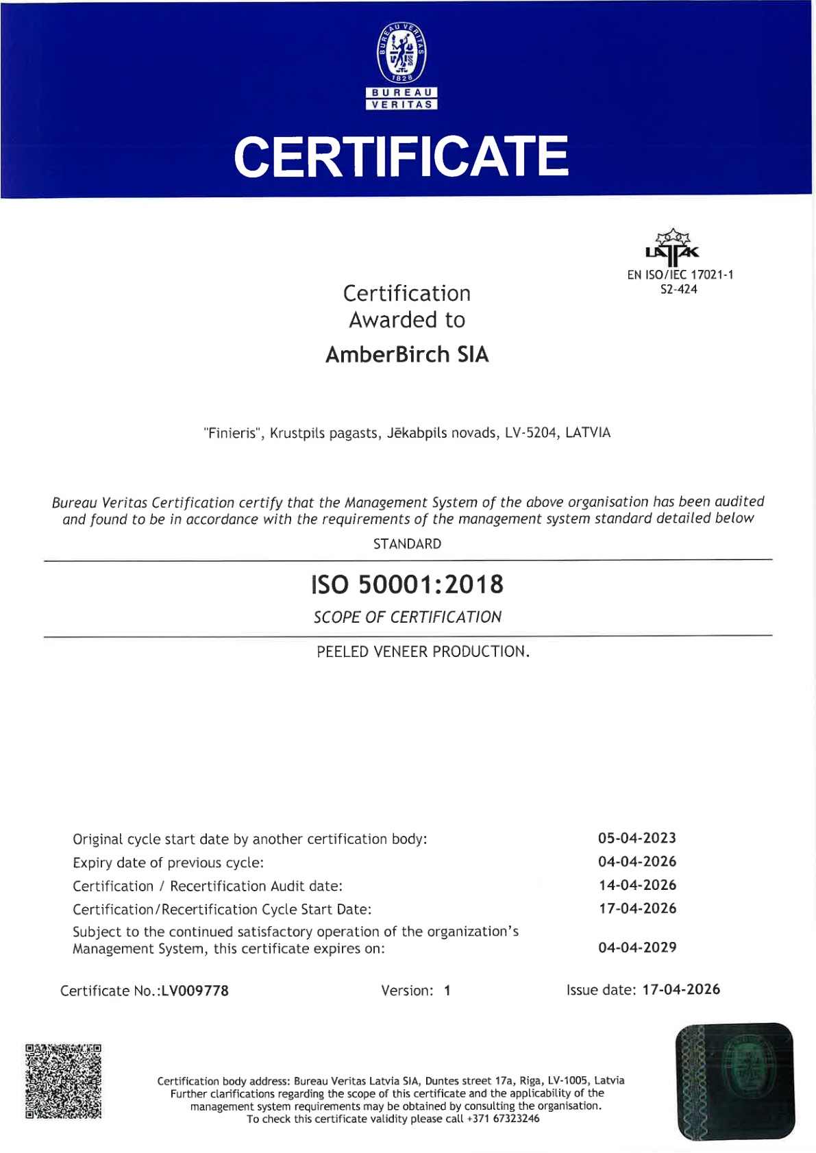 AmberBirch SIA ISO 50001:2018 certificate LV009778
