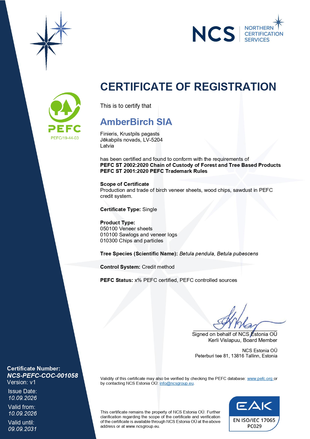 AmberBirch SIA PEFC Chain of Custody sertifikāts NCS-PEFC-COC-001058