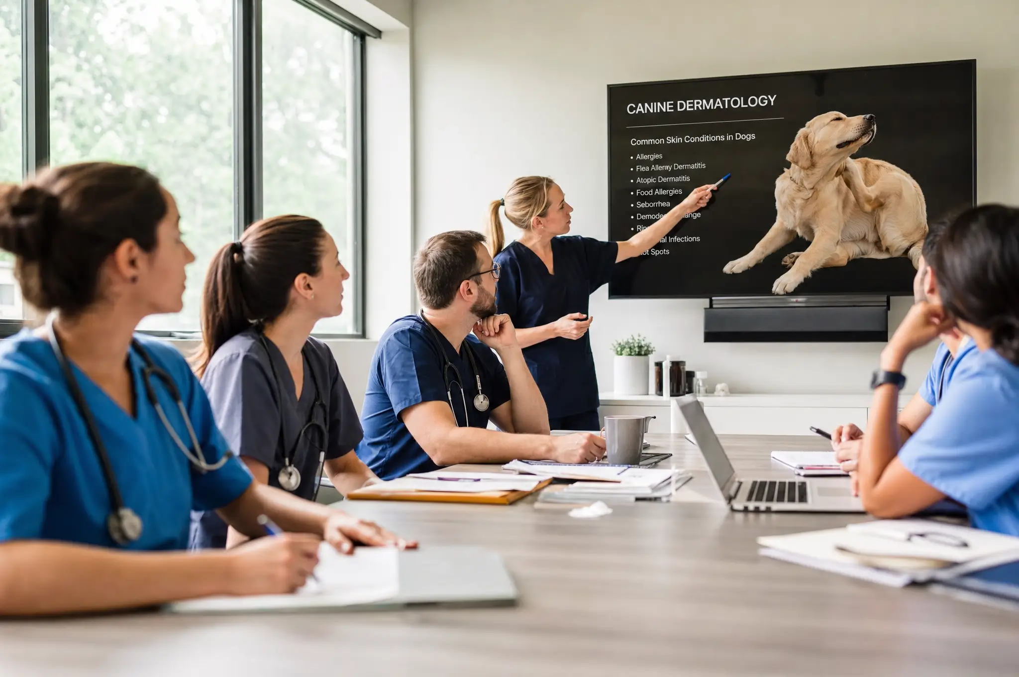 Veterinary team in scrubs at a conference table watching a presentation on canine dermatology