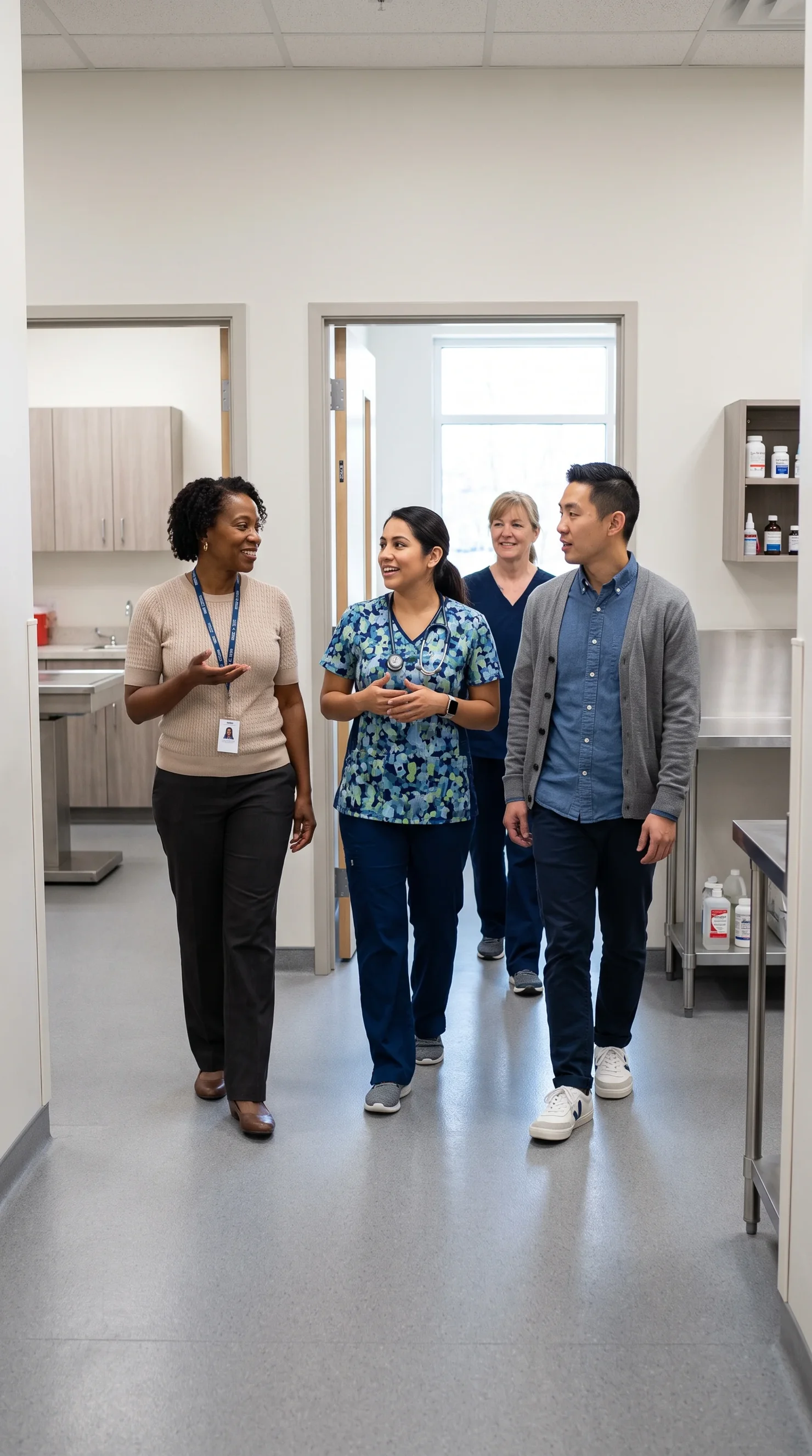 Veterinary clinic staff and a consultant walking and talking through a clinic hallway past exam rooms.