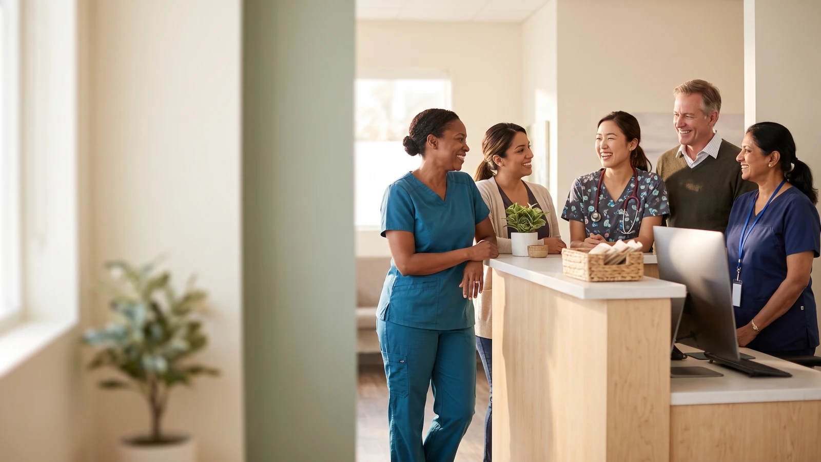 Smiling veterinary clinic team in scrubs and casual attire chatting around a reception counter in a bright, sunlit clinic.