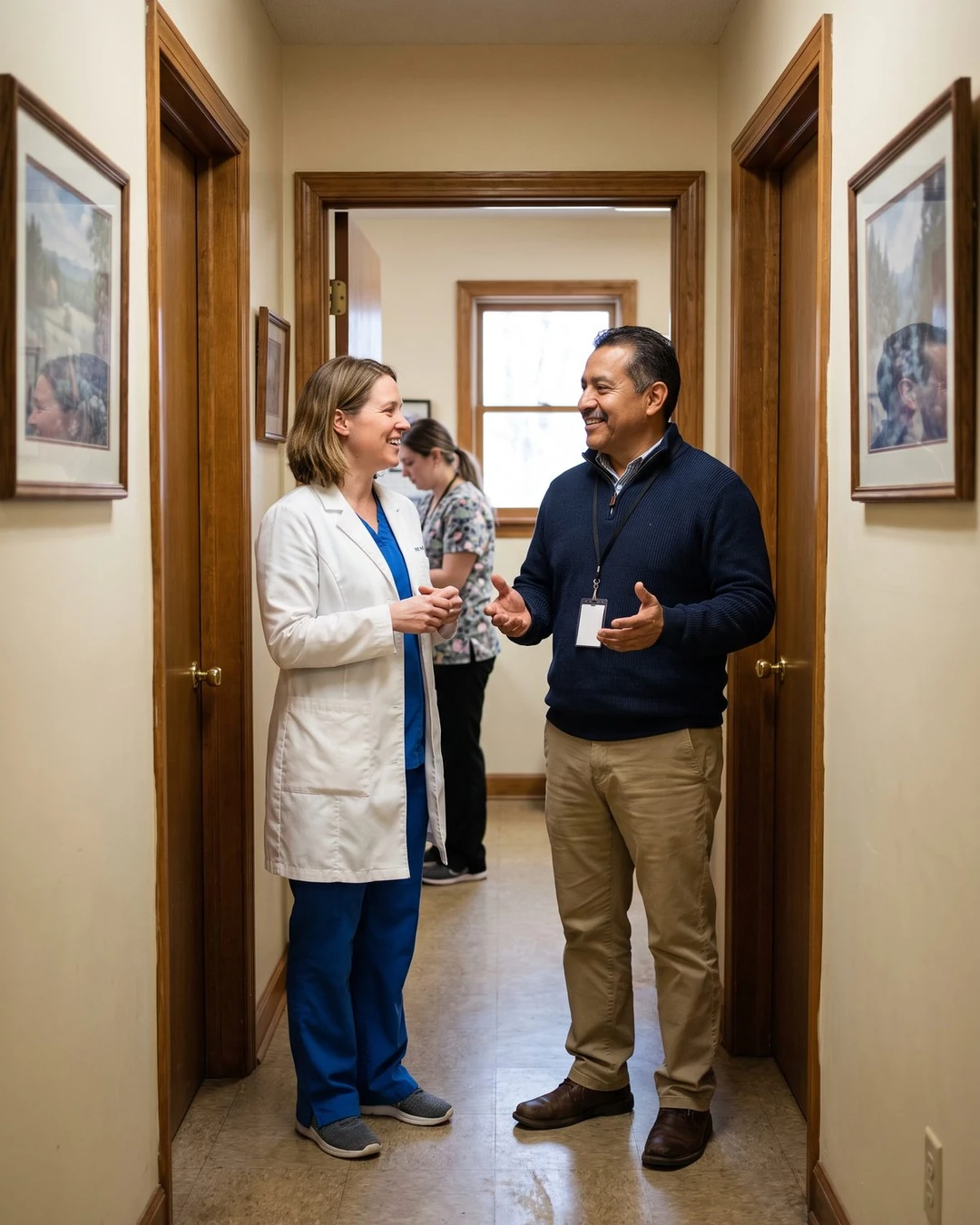 A veterinarian in a white coat chats with a consultant in a clinic hallway.