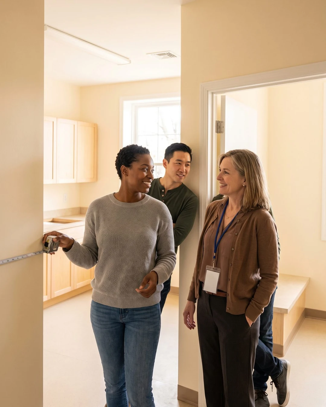 A woman measures a wall while touring an unfinished clinic space with two colleagues.