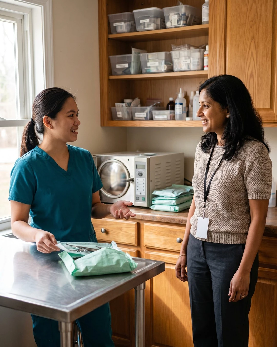 A technician talks with a consultant in a sterilization room beside an autoclave and labeled supply bins.