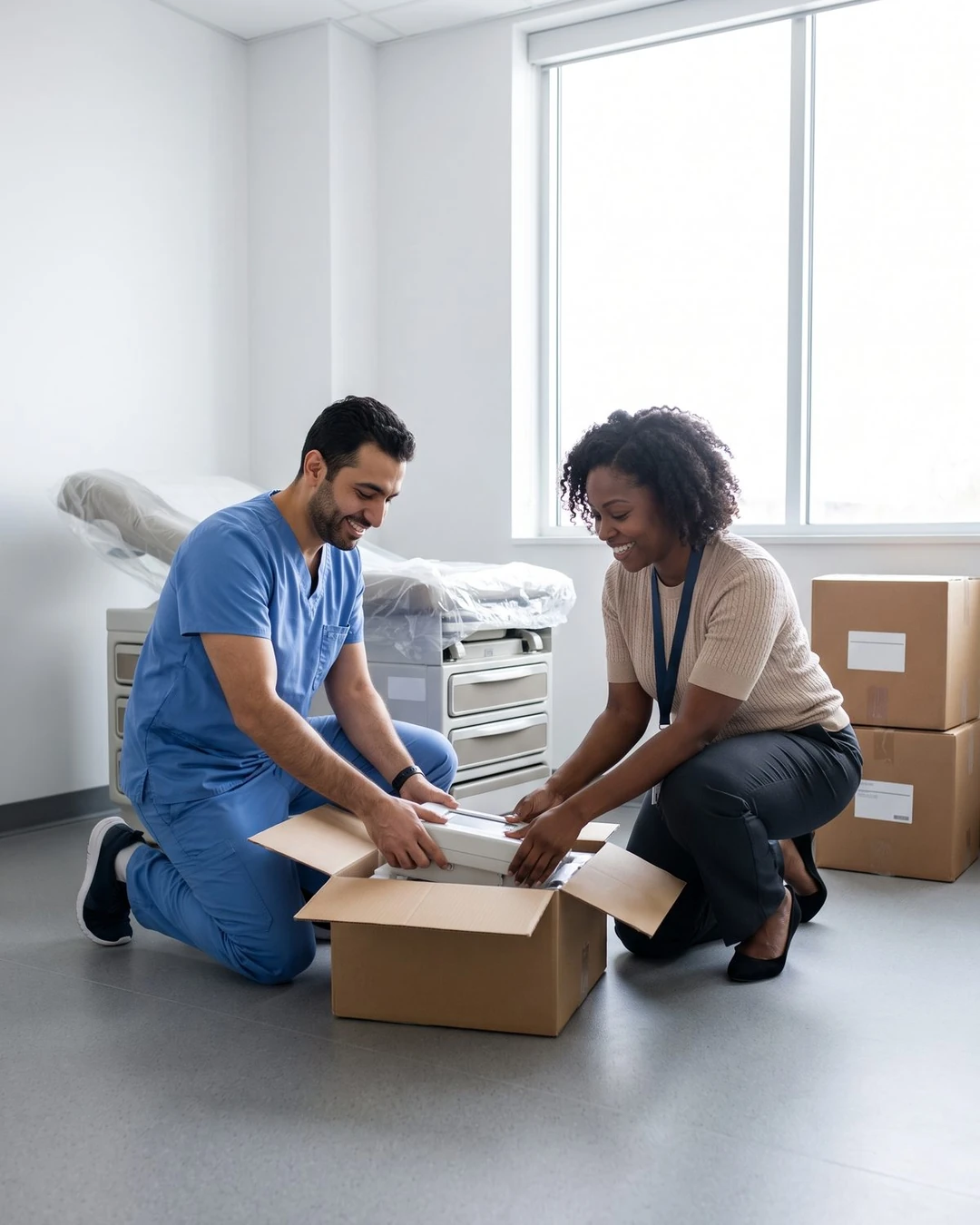 A team member and a consultant unpack new equipment in a newly built exam room.
