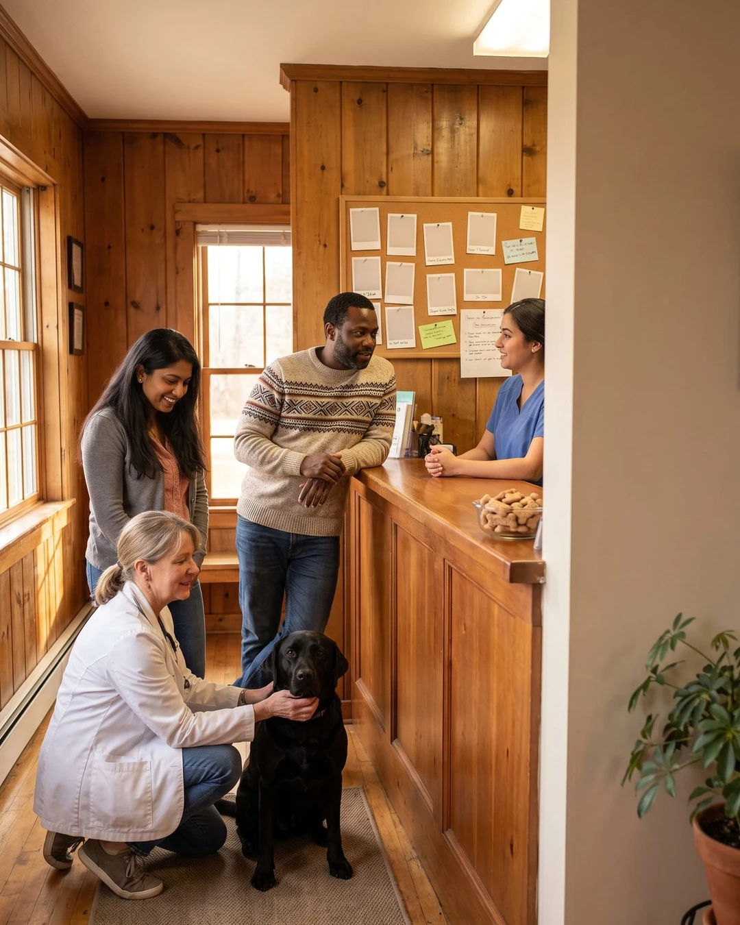 A veterinarian greets a black Labrador while its owners chat with the receptionist at a wood-paneled front desk.
