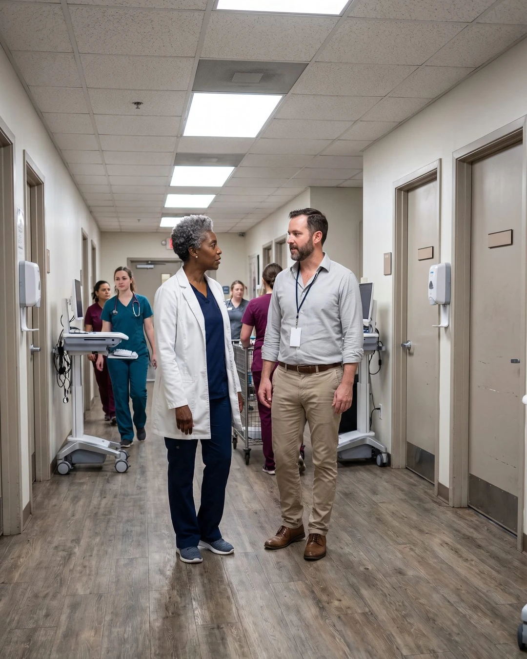 A veterinarian and a consultant talk in a busy hospital hallway as staff move past.
