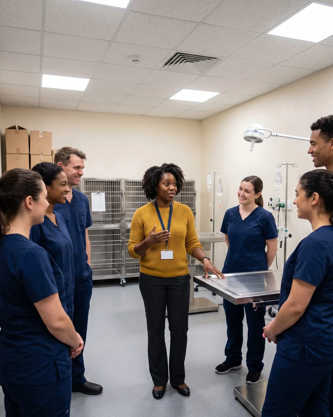A consultant speaks with a group of staff in navy scrubs in a newly equipped treatment room.