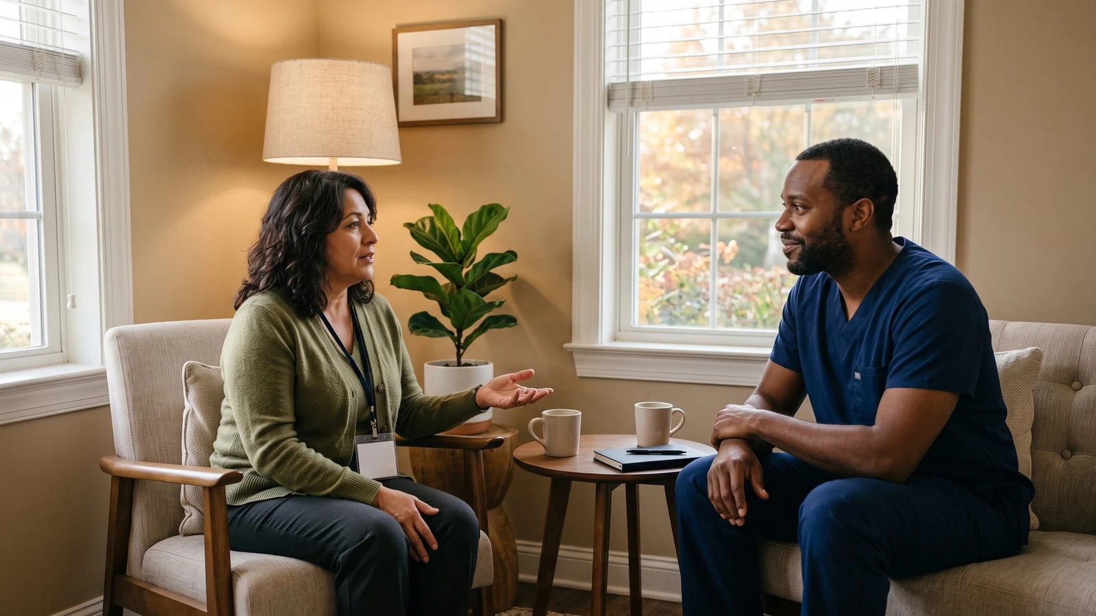 A consultant and a team member in scrubs talk over coffee in a cozy, sunlit office.