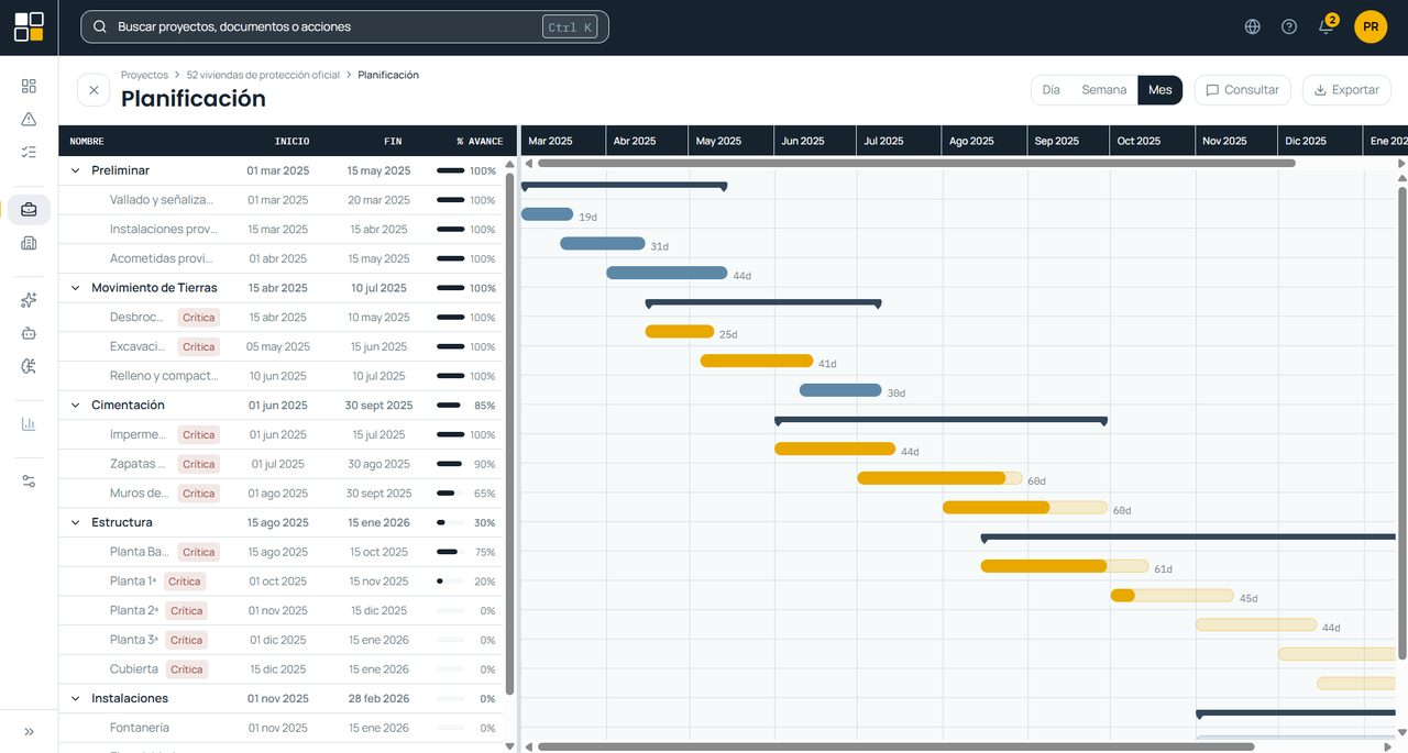 Miranda AI construction schedule showing a Gantt chart for a 52-unit social housing project, broken down by phase and critical path.