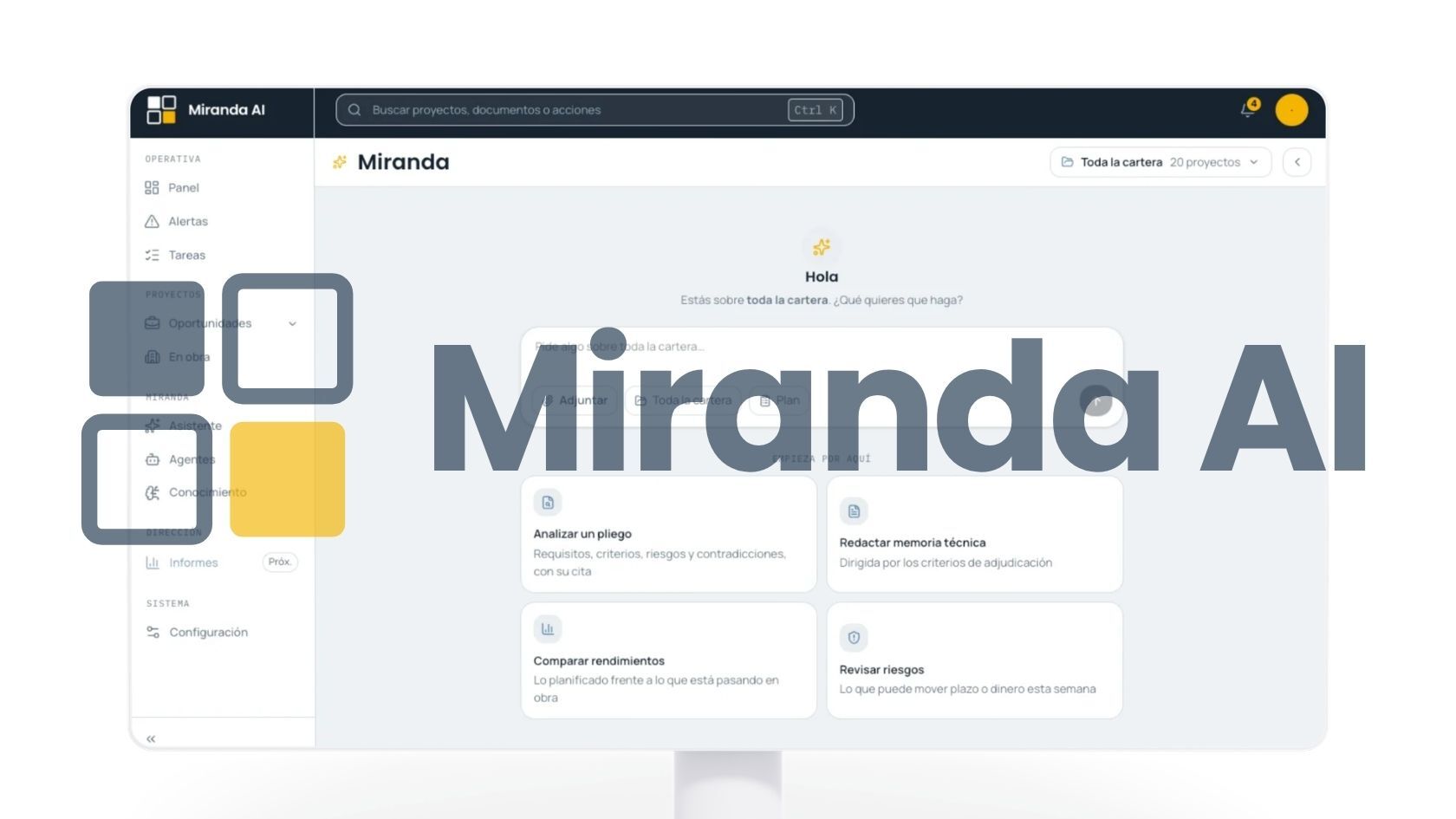 Miranda AI dashboard with actions to analyse bid documents, draft technical reports and review risks