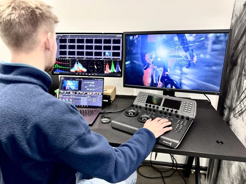 Colorist am Grading-Panel vor Waveform-Monitor und Vorschaubild