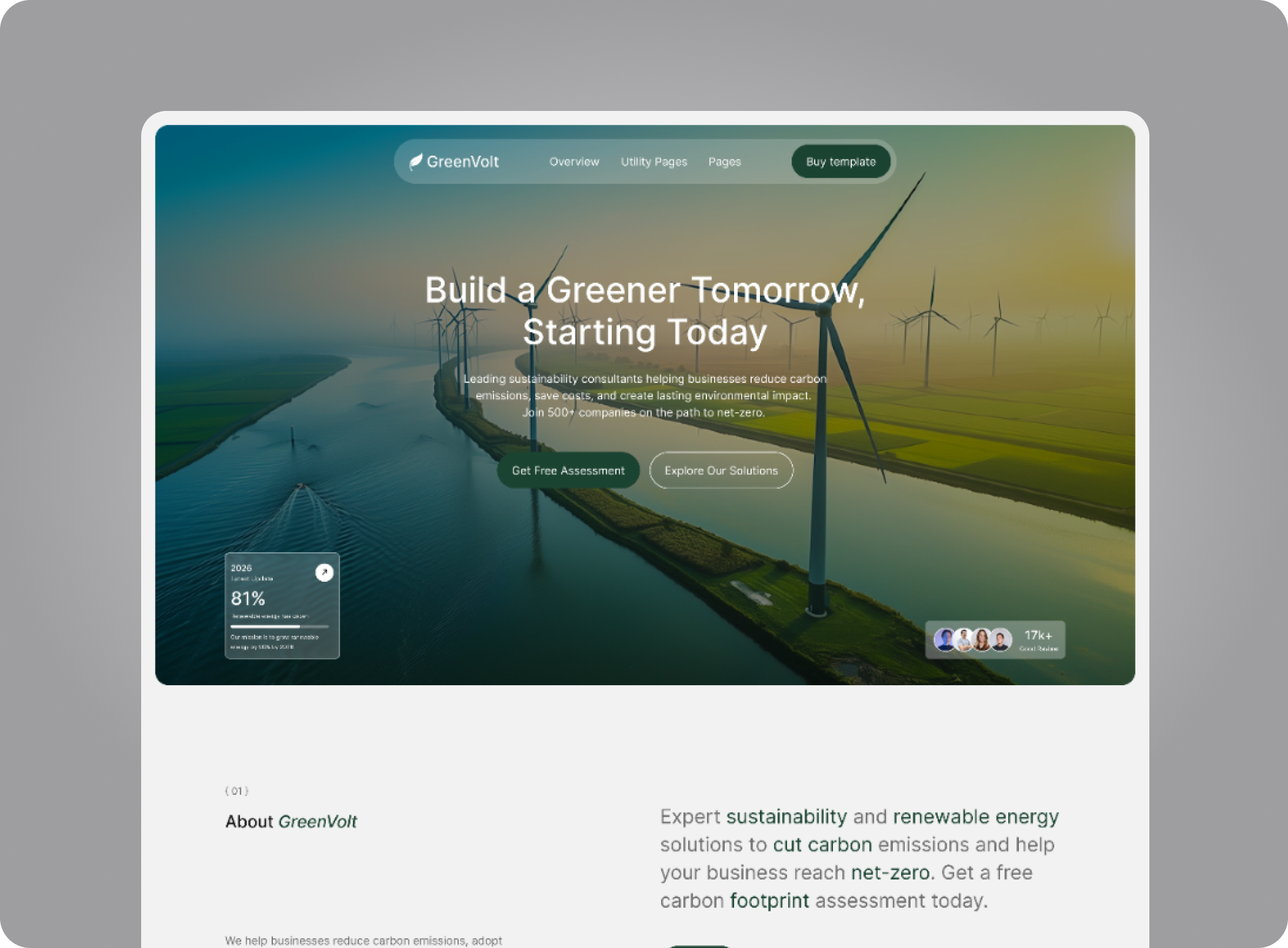 GreenVolt sustainability and renewable energy Webflow template preview