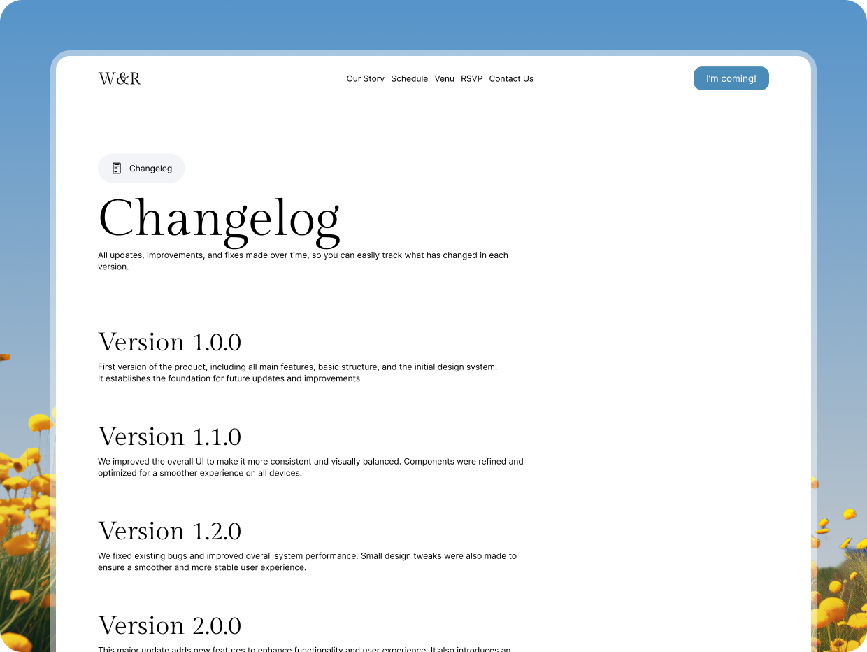 W&R Celebration wedding template — changelog page