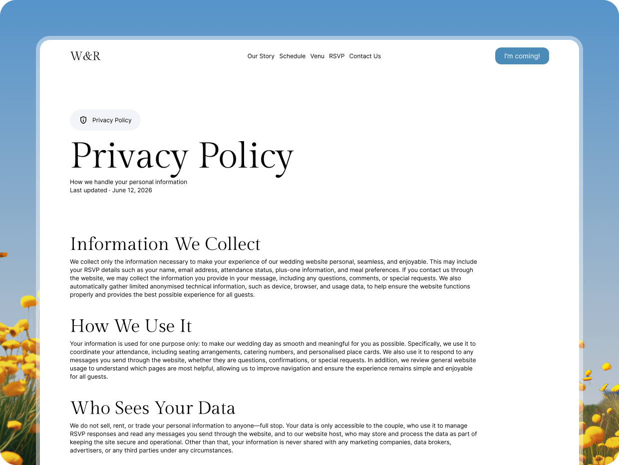 W&R Celebration wedding template — privacy policy page