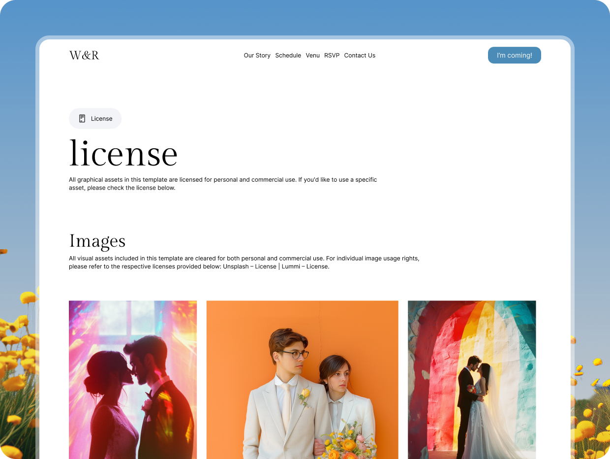 W&R Celebration wedding template — license page