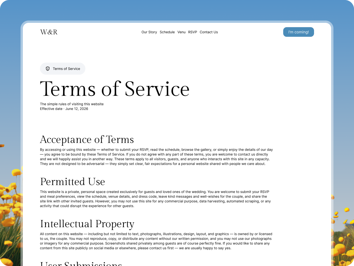 W&R Celebration wedding template — terms of service page