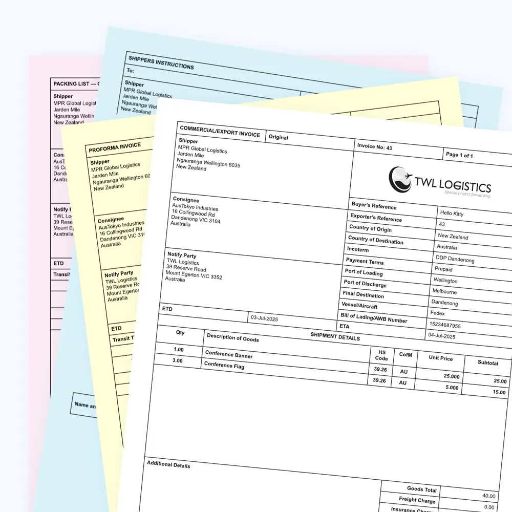 Stack of multicolored export documents including a Commercial Invoice, Proforma, Shipper's Instructions and Packing List.