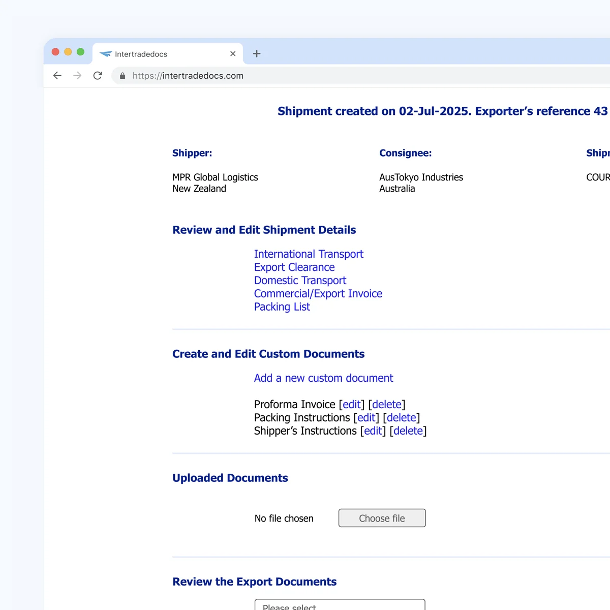 Web browser window from intertradedocs.com showing information for a shipment, including the following options: review and edit the shipment, create/edit custom documents, upload documents and review/download export documents.
