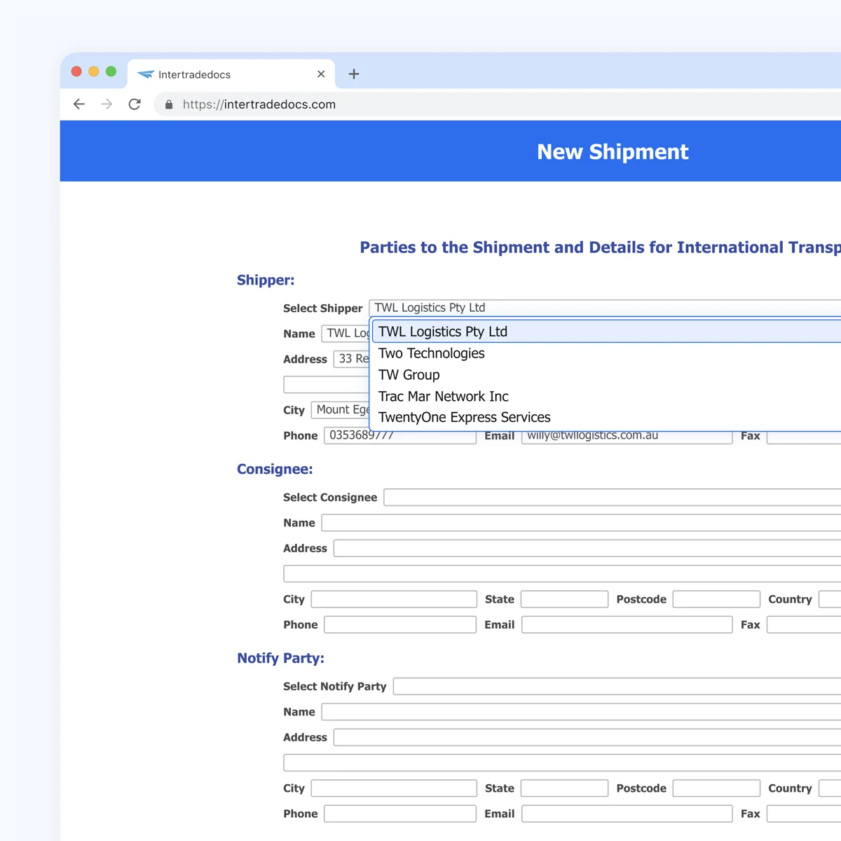 Web browser window from intertradedocs.com showing information for a shipment, including the following options: review and edit the shipment, create/edit custom documents, upload documents and review/download export documents.