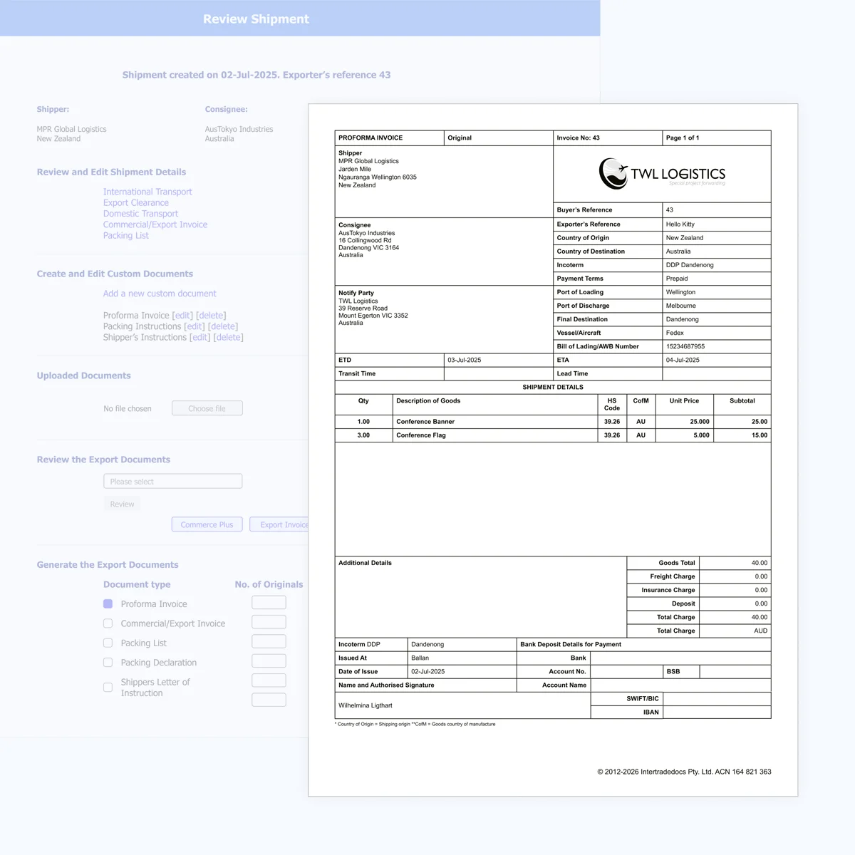 Web browser window from intertradedocs.com with a Proforma invoice overlayed over the webpage.