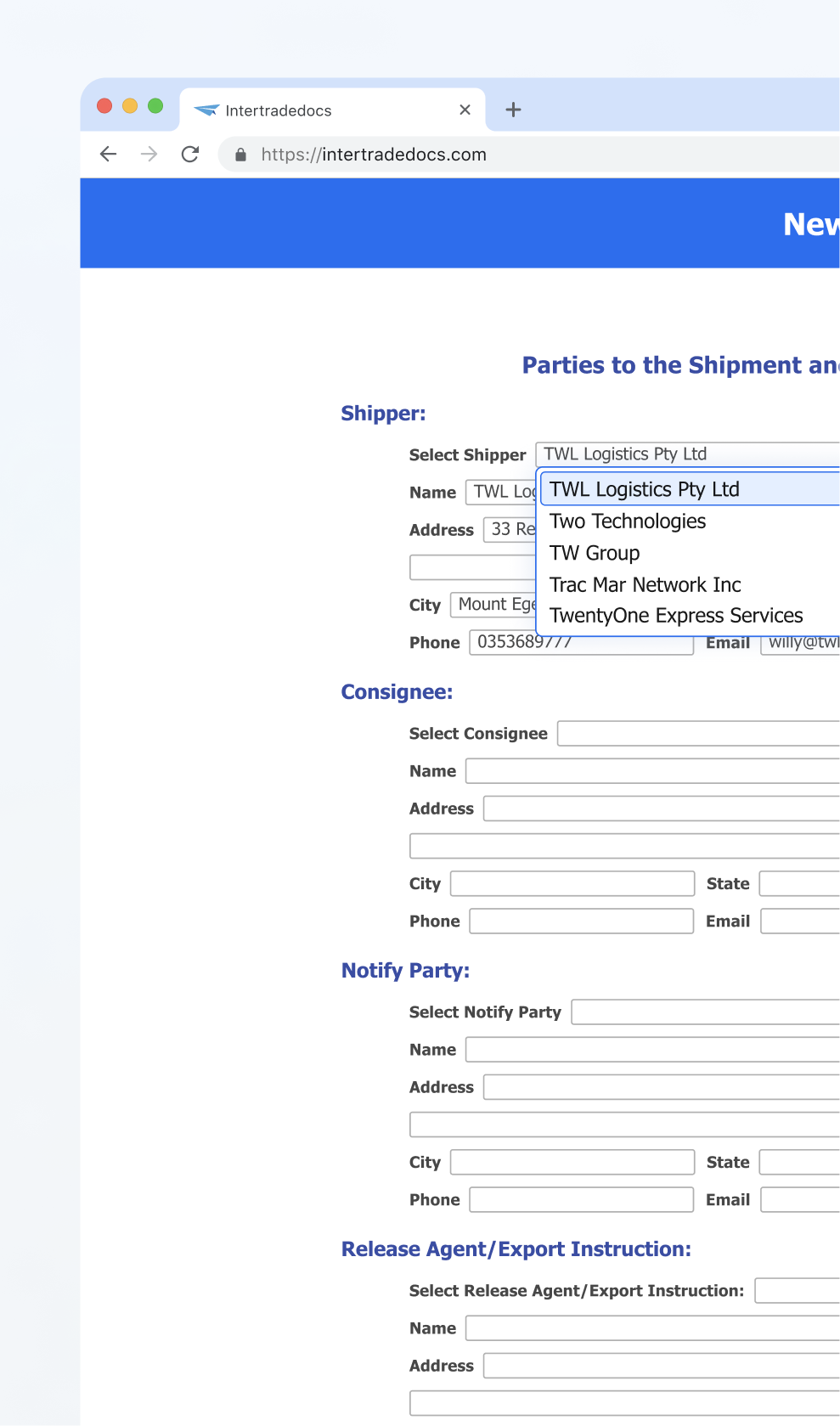 Web browser window from intertradedocs.com showing a New Shipment form. Form shows a dropdown menu under 'Select Shipper' listing saved parties.