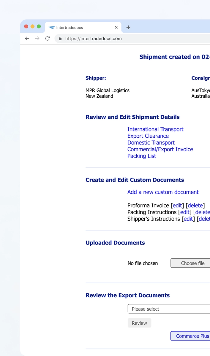 Web browser window from intertradedocs.com showing information for a shipment, including the following options: review and edit the shipment, create/edit custom documents, upload documents and review/download export documents.