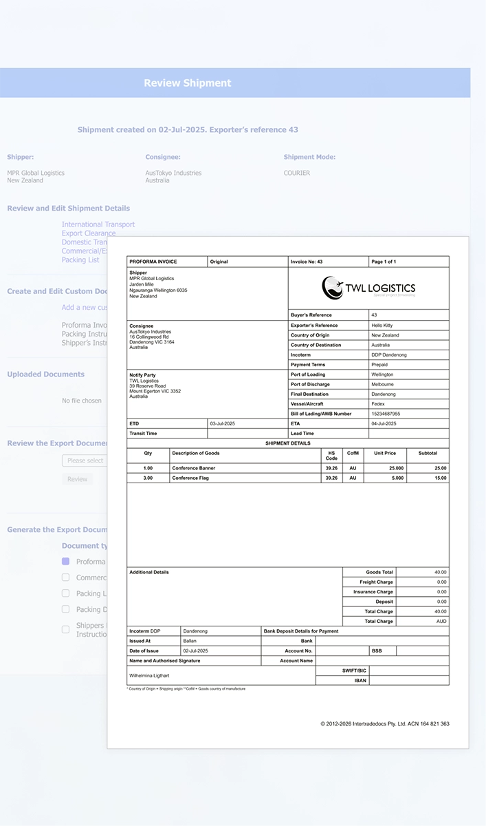 Web browser window from intertradedocs.com with a Proforma invoice overlayed over the webpage.
