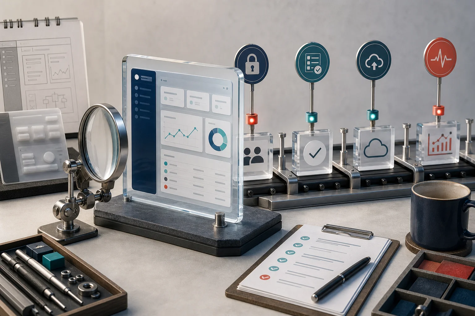 An AI-built application moving through checks for access, testing, deployment and monitoring.